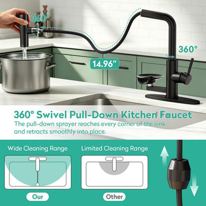 Waterfall Kitchen Faucet with Pull Down Sprayer & Cup Washer (Black)