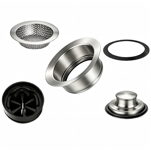 5-in-1 Garbage Disposal Flange Set – Complete Kit with Sink Strainer, Splash Guard, Stopper & Rubber Gasket – Fits 3-1/2 Inch Sink Drain – Multiple Colors