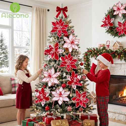 6 PCS Red Candy Cane Poinsettia Picks Artificial Christmas Flowers (Red)