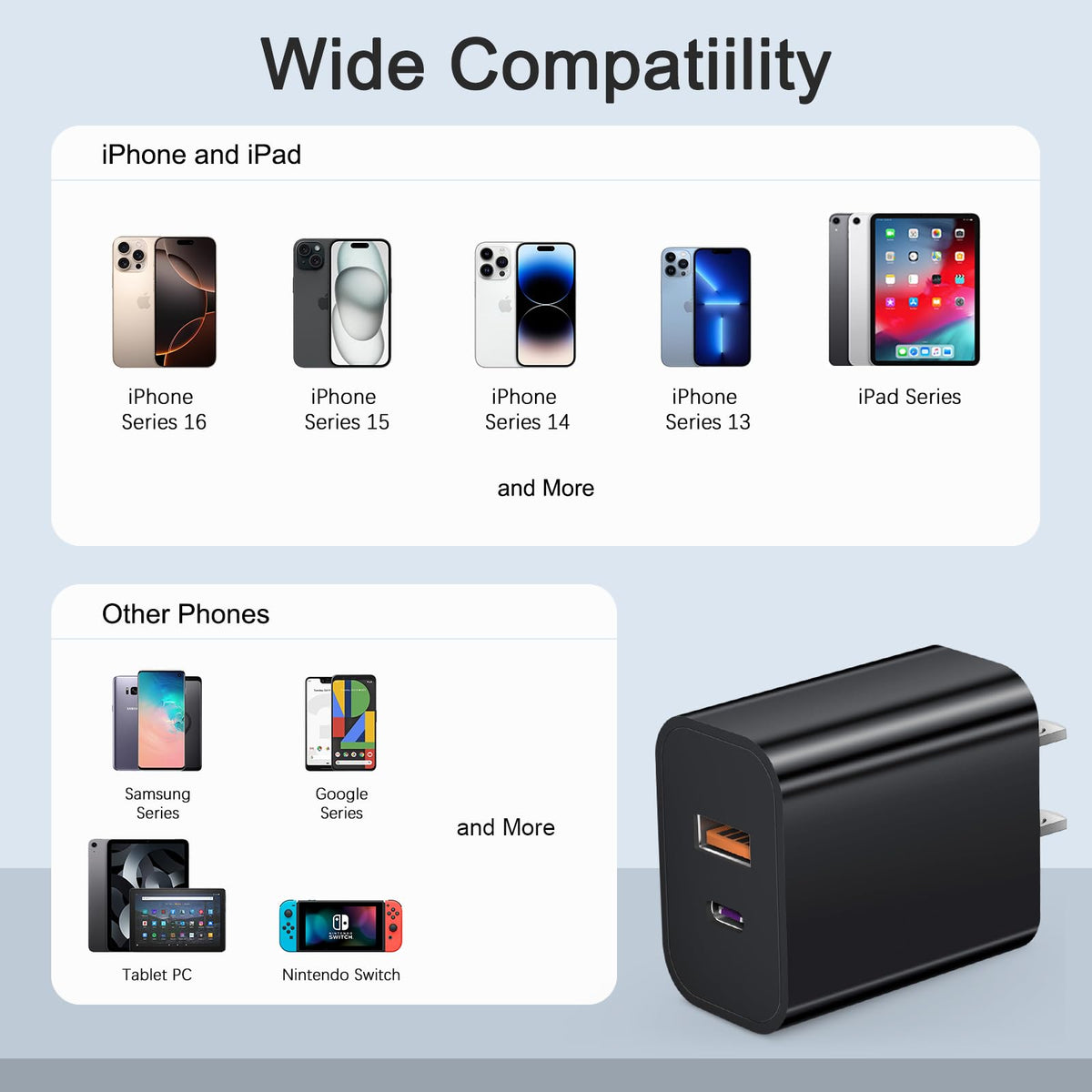 USB C Charger Block Fast Charging Block Type C Charger Multiport Adapter (Black / 20W3Pack)