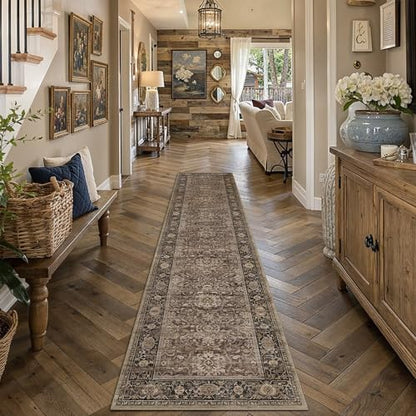 Brown Washable 2x10 Runner Rugs for Hallway Entryway (Retro | Brown / 2' x 10' (Runner))