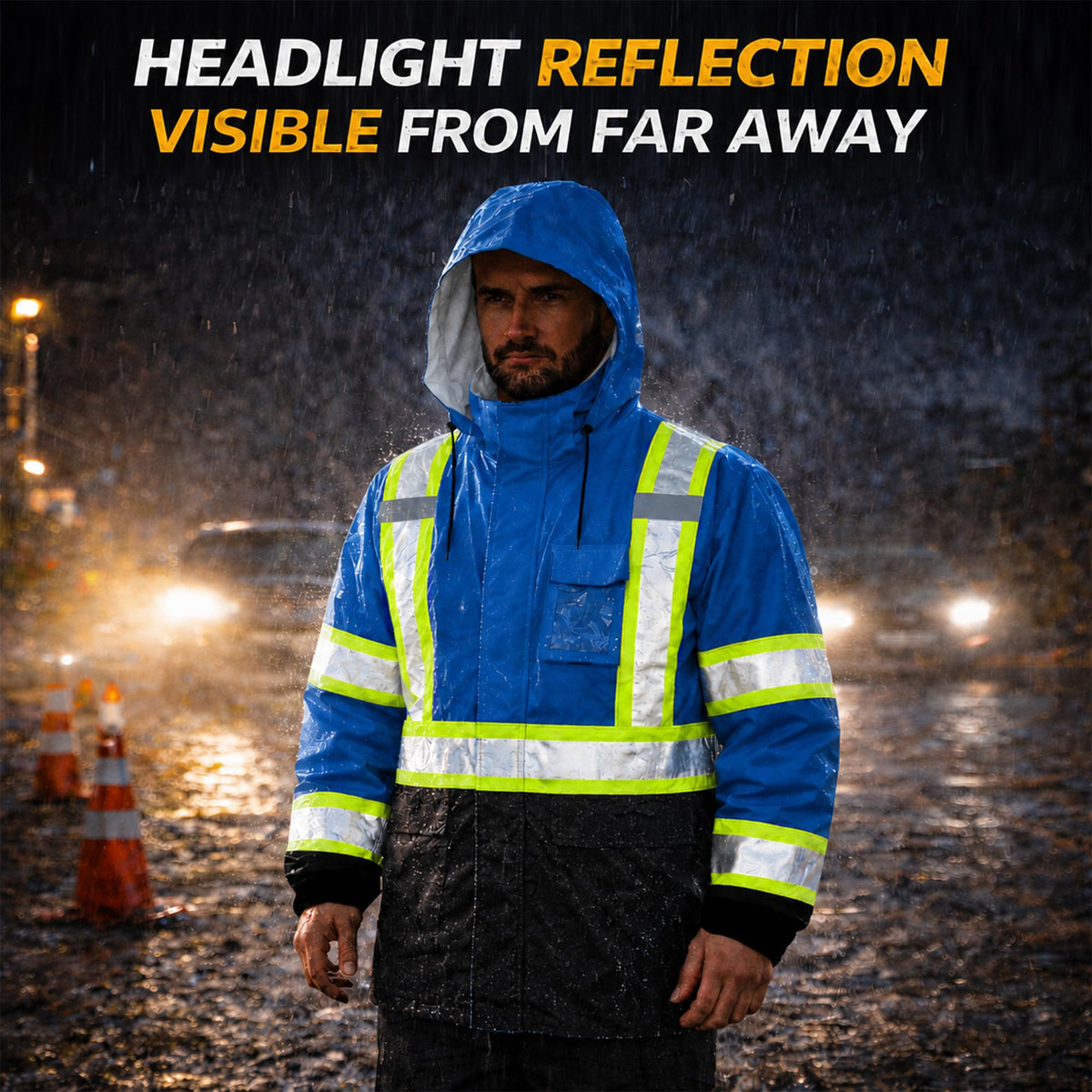 High Visibility Reflective Rain Jacket for Men (XX-Large-3X-Large / Blue)