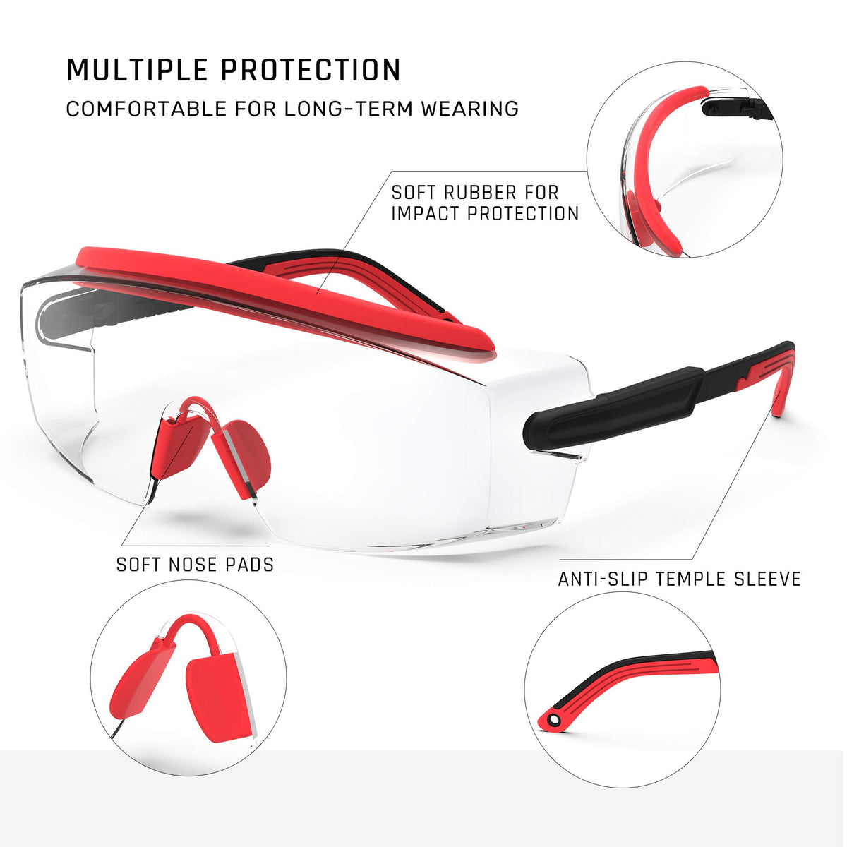 Anti fog Safety Glasses Over Glasses (Red)