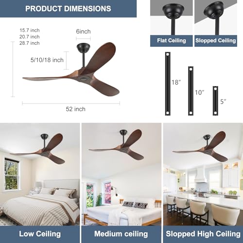 52'' Solid Real Wood Ceiling Fan no Light (52 inch / Dark walnut)