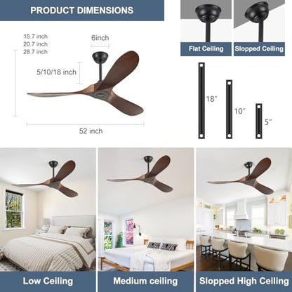 52'' Solid Real Wood Ceiling Fan no Light (52 inch / Dark walnut)