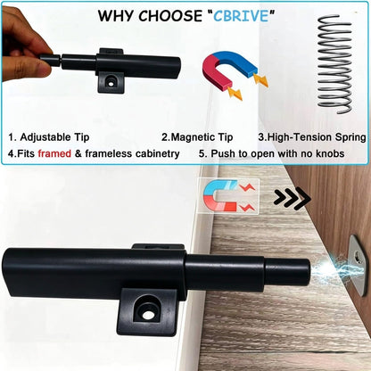 Push to Open Door Latch Cabinet Hardware CBRIVE Magnetic Push Latch & Lock for Hidden Framed & Frameless Kitchen Door Magnet Touch Release Drawer Opener Strong Spring Tip (4 Pack / Black)