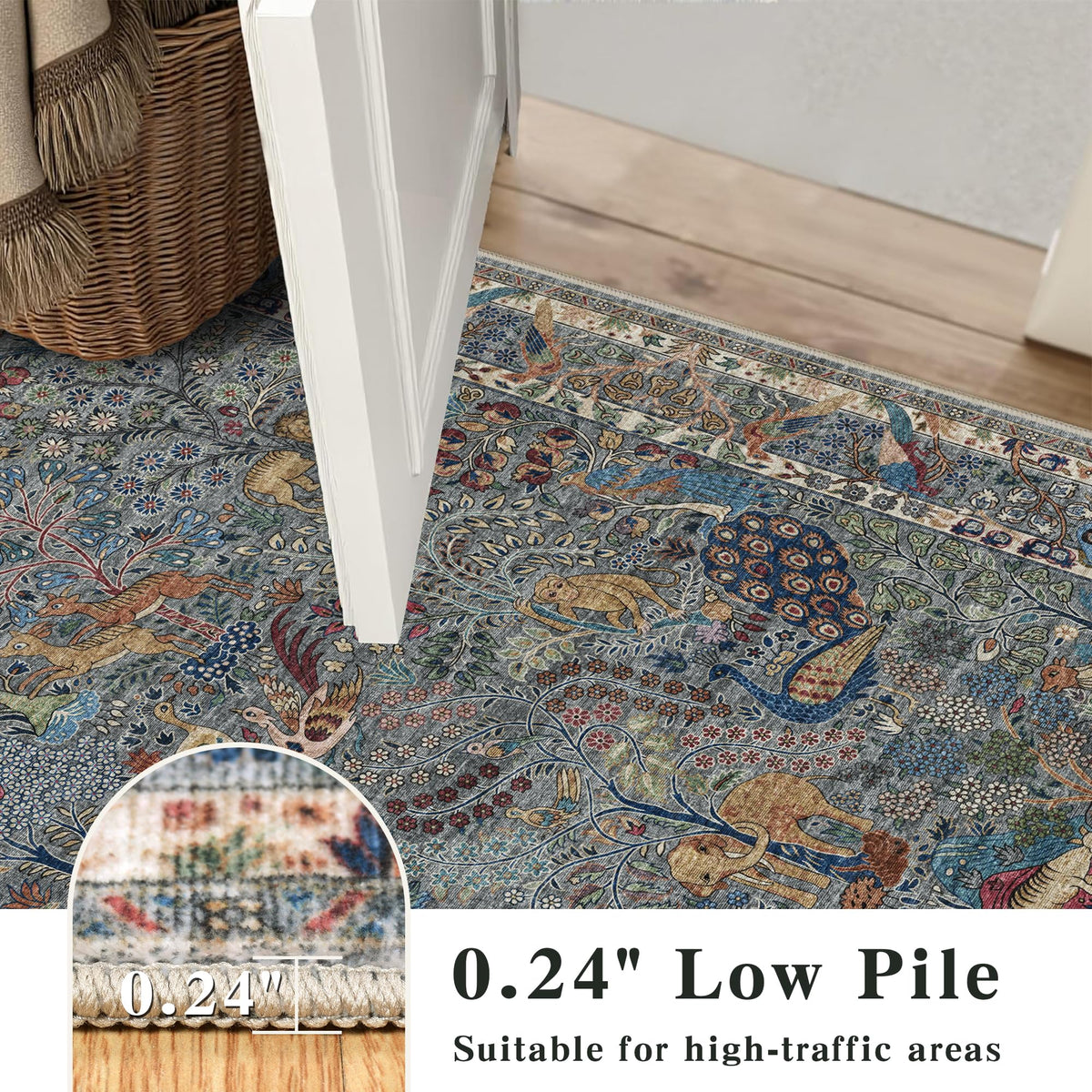 6ft Round Rug Circular Animal Print Area Rug Low Pile Indoor Rug (Dusty Blue/Multi / 6' (Round))