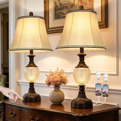 28'' Tall Vintage Bedside Table Lamps with USB Charging Ports