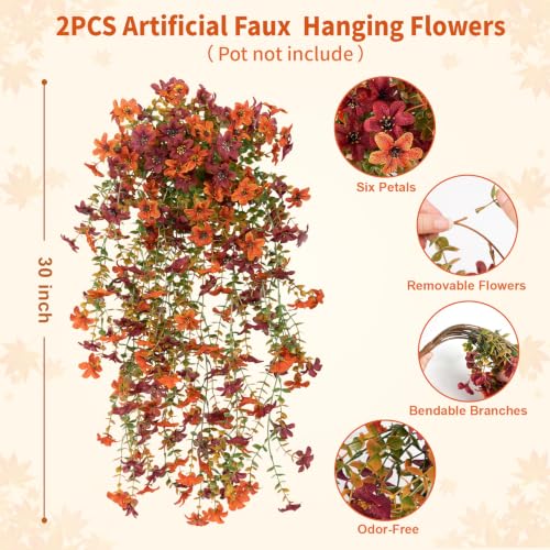 2PCS 344 Blooms Artificial Fall Flowers (2*red Orange 360-blooms Six-petaled Hanging Flowers)