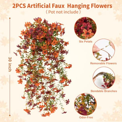2PCS 344 Blooms Artificial Fall Flowers (2*red Orange 360-blooms Six-petaled Hanging Flowers)