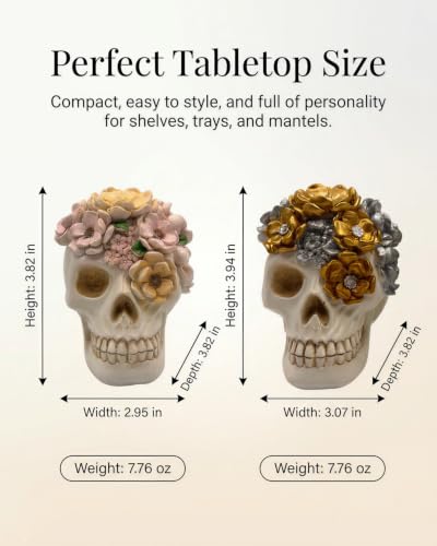 2 Gothic Halloween Decor Resin Pastel Flower Skull Figurines (Floral Skull)
