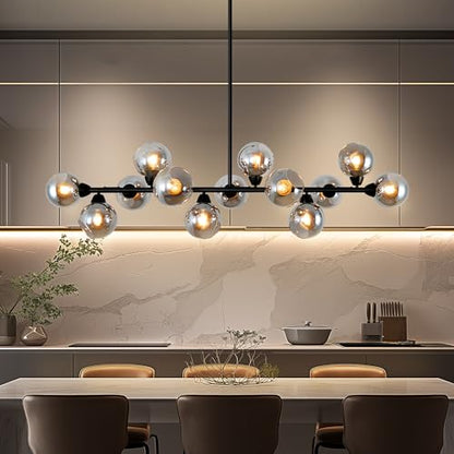 Linear Chandelier for Dining Room with Open Glass Globe Lampshade 13Lights Linear Chandelier Pendant Light