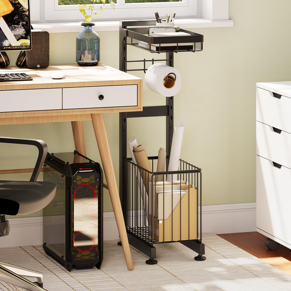 Toilet Paper Holder Stand with Storage Shelf (Black Gray)