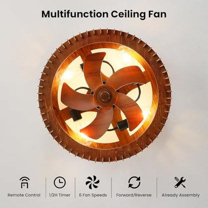 20" Wooden Flush Mount Caged Ceiling Fan with Light