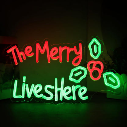 The Merry Lives Here Neon Merry Christmas Neon Sign for Wall Decor Party Christmas Led Sign Window Decorations Winter Xmas Decor Wall Front Door Indoor Outdoor Decor (Green, Merry)