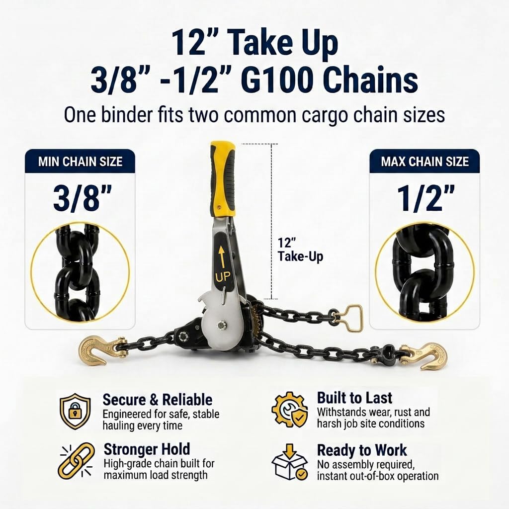 4 Pack 3/8"-1/2" EZ Ratchet Chain Binder with G70 Grab Hooks, Ratchet Load Binder Kit, 6600 lbs WLL Heavy Duty Cargo Tie Down for Flatbed Trailers & Trucks (3/8" - 1/2"(4 Pack))