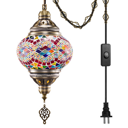 7.2" D Turkish Moroccan Mosaic Hanging Pendant Lamp Plug (Multicolor Wave)