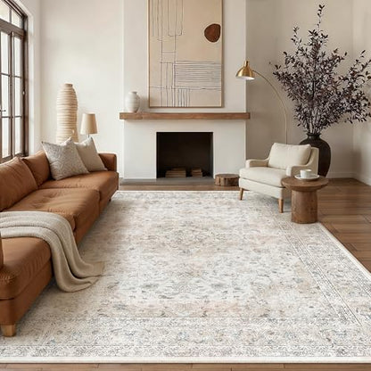 10x12 Washable Area Rug Beige Grey Non Slip Vintage Carpet (Vintage | Beige Multi / 10' x 12' (Rectangular))