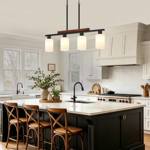 Farmhouse Island Lights for Kitchen Black Dining Room Light Fixtures Over Table with White Shade Wood Linear Chandelier Lighting with Adjustable for Kitchen Island Dining Room
