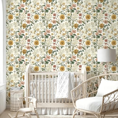 Floral Peel and Stick Wallpaper Vintage Floral Contact Paper Boho Flower Wallpaper Peel and Stick Removable Self Adhesive Wall Paper for Cabinets Bathroom Decorative Vinyl