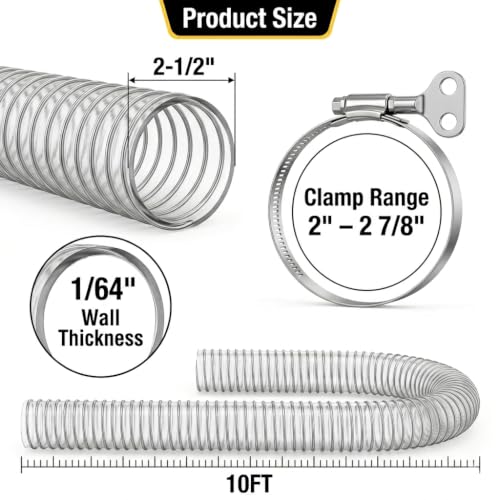 2-1/2" x 10' Heavy Duty Dust Collection Hose, Thickened Clear PVC Flexible Hose with Steel Wire Reinforced, Puncture Resistant for Woodworking Dust Collector System
