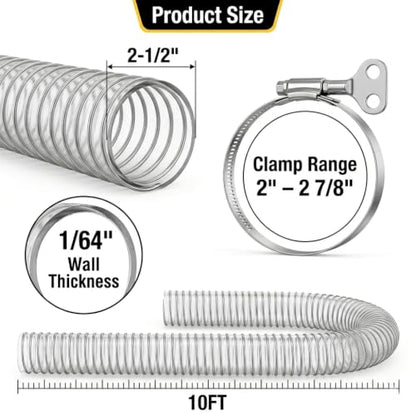 2-1/2" x 10' Heavy Duty Dust Collection Hose, Thickened Clear PVC Flexible Hose with Steel Wire Reinforced, Puncture Resistant for Woodworking Dust Collector System