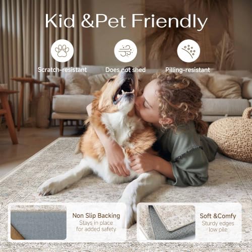 10x12 Washable Area Rug Beige Grey Non Slip Vintage Carpet (Vintage | Beige Multi / 10' x 12' (Rectangular))