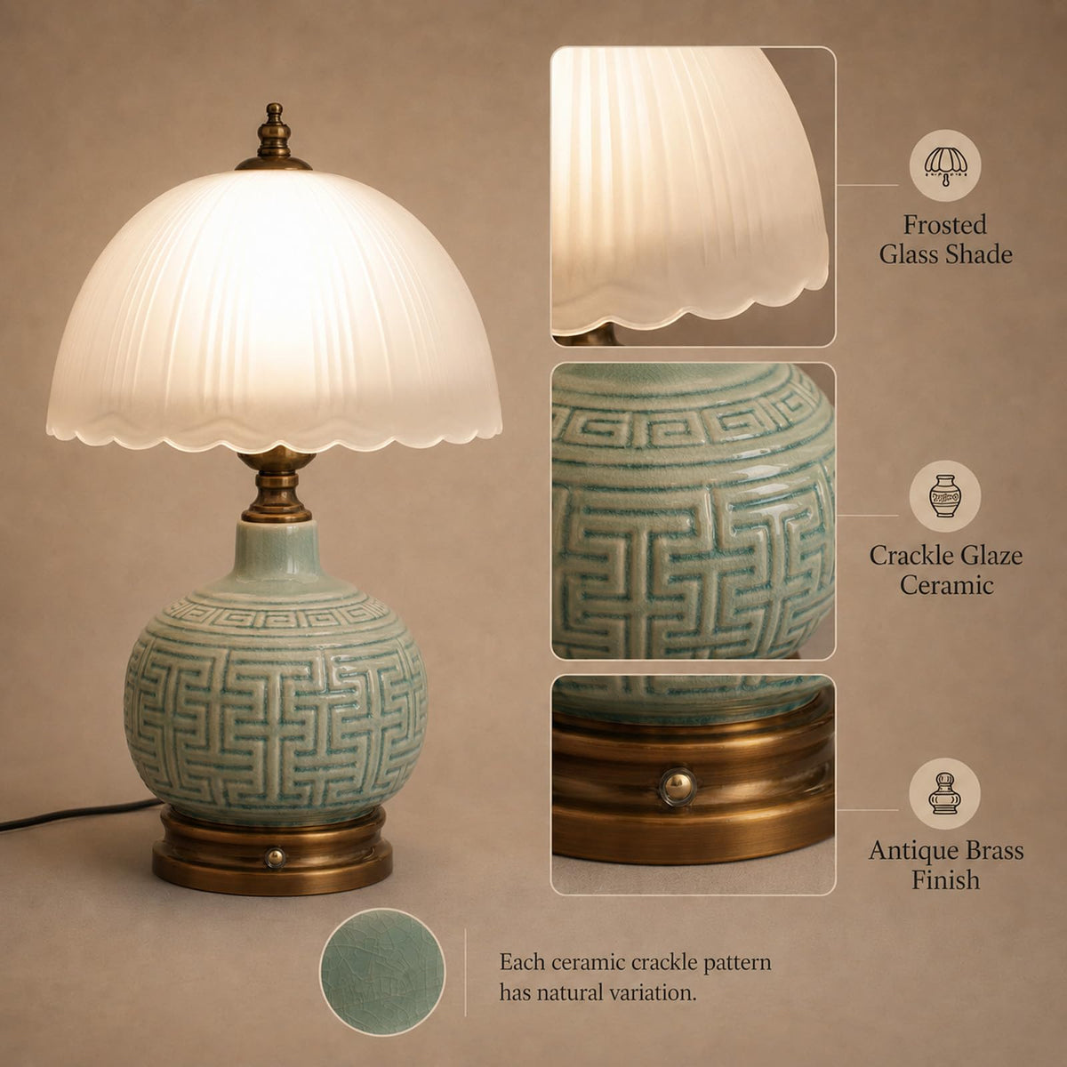 16" Vintage Green Ceramic Table Lamp (Green Ceramic + White Shade（Chinese）)
