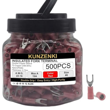 500pcs Nylon PA66 Insulated Fork Terminals (RED(A.W.G22-16) / #8(M4))
