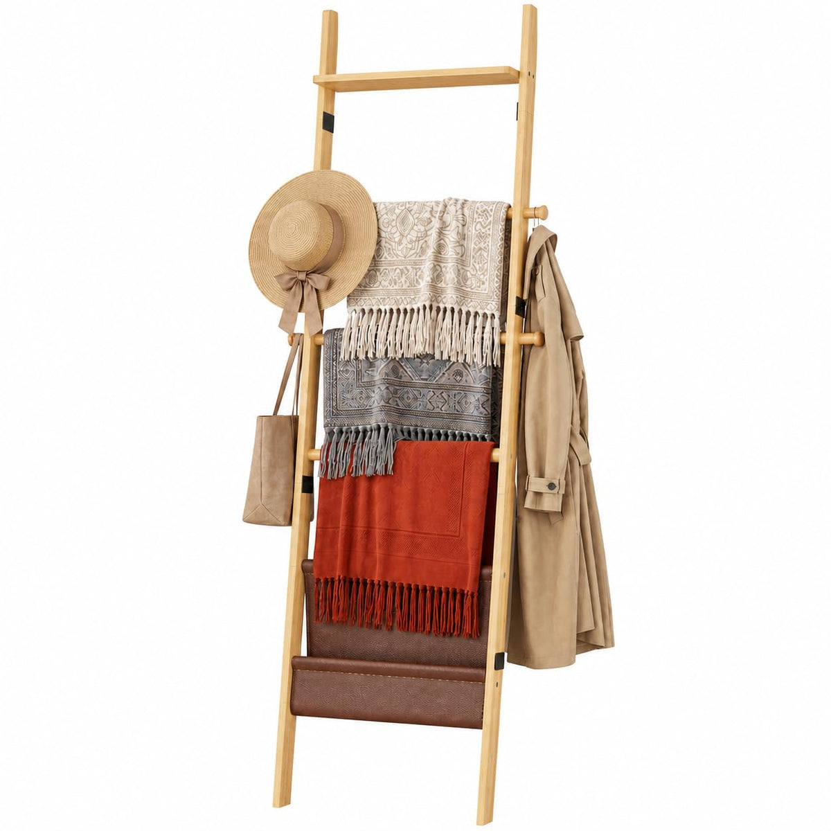 71" 4-in-1 Blanket Ladder for Living Room, 5-Tier Leaning Bamboo Decorative Towel & Quilt Rack with Magazine Leather Pocket, 4 Detachable Hanging Bars, Space-Saving Shelf for Bedroom (Natural) (Natural)