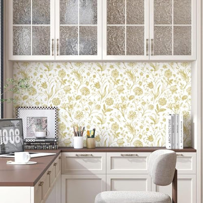 Line Flowers Peel and Stick Wallpaper Vintage Contact Paper