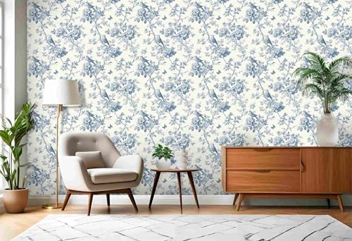 Blue Floral Bird Peel and Stick Wallpaper