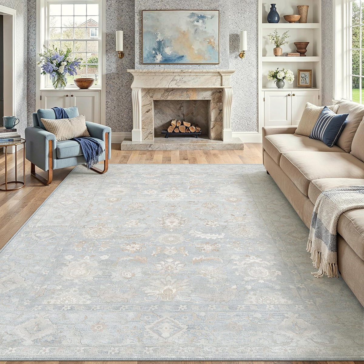 8x10 Blue Neutral Floral Area Rug (Neutral | Blue / 8' x 10' (Rectangular))