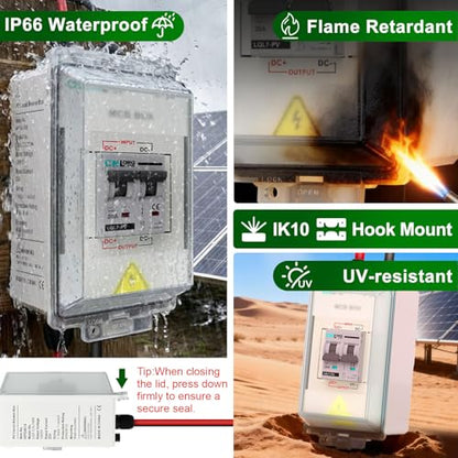 CNLONQ Solar Panel Disconnect Switch 20A~63A 1000V DC PV Circuit Breaker IP66 Waterproof with PV Connector and Install Hook for Outdoor Home Solar Panel Systems