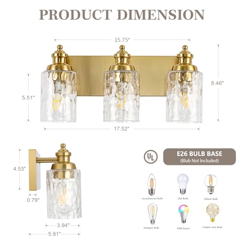 3 Light Bathroom Light Fixtures with Water Ripple Glass (Gold / 3-light)