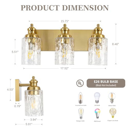 3 Light Bathroom Light Fixtures with Water Ripple Glass (Gold / 3-light)