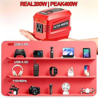 200W Power Inverter Compatible with Milwaukee 18V Batteries