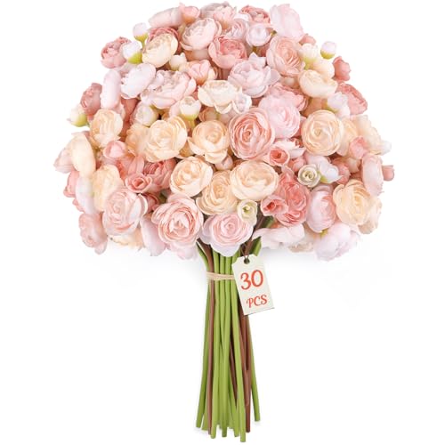 30Pcs Ranunculus Artificial Flowers Faux Silk Mini Flowers Indoor (Rose&cream&shabby Blush)