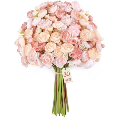 30Pcs Ranunculus Artificial Flowers Faux Silk Mini Flowers Indoor (Rose&cream&shabby Blush)