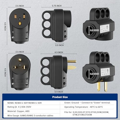 2-in-1 NEMA 6-50P/6-30P Welder Plug, 30A/50A 250V 3-Prong Male Replacement Plug, Heavy Duty Rewirable 220V Plug for Welder/Generator, Industrial Grade,2 Pole 3 Wire, ETL Listed