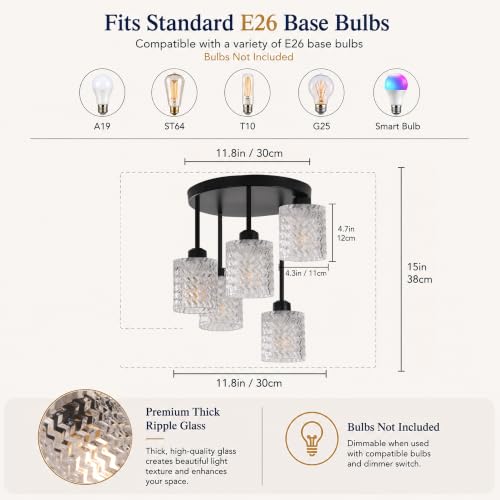 Kitchen Ceiling Light Fixture Black 5 Lights with Clear Glass Shade (5Light-Clear)