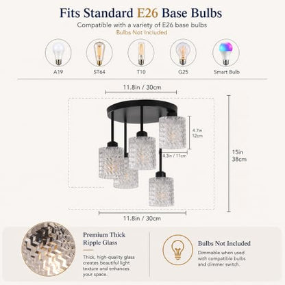 Kitchen Ceiling Light Fixture Black 5 Lights with Clear Glass Shade (5Light-Clear)