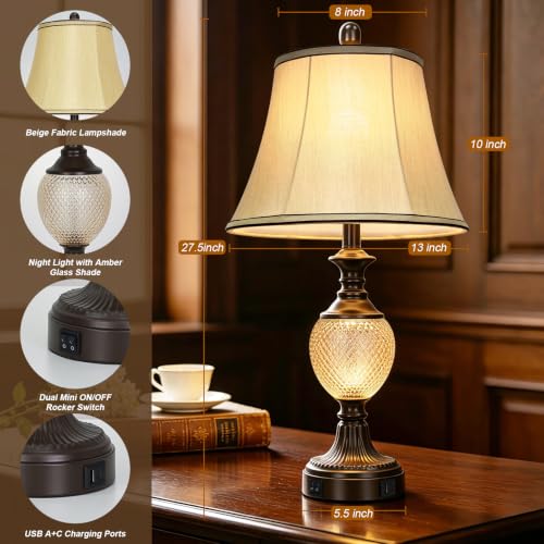 28'' Tall Vintage Bedside Table Lamps with USB Charging Ports