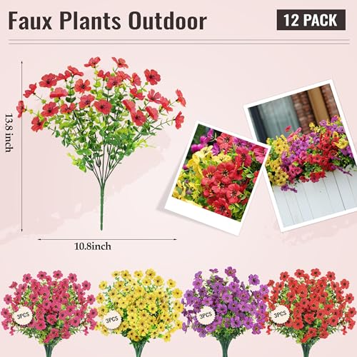12 Bundles Artificial Flowers for Outdoors Fake Flowers Plants Spring Summer Decoration UV Resistant for Outside Home Porch Patio Garden Decor