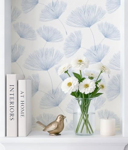 Blue and White Peel and Stick Wallpaper Dandelion 17.3in x78.7in Contact Paper Peel and Stick Wall Paper Modern Boho Self Adhesive Removable Vinyl Wallpaper for Bedroom Bathroom (Blue/White / 17.3" x 78.7")