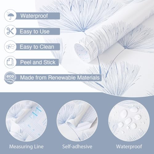 Blue and White Peel and Stick Wallpaper Dandelion 17.3in x78.7in Contact Paper Peel and Stick Wall Paper Modern Boho Self Adhesive Removable Vinyl Wallpaper for Bedroom Bathroom (Blue/White / 17.3" x 78.7")