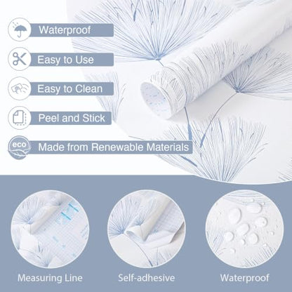 Blue and White Peel and Stick Wallpaper Dandelion 17.3in x78.7in Contact Paper Peel and Stick Wall Paper Modern Boho Self Adhesive Removable Vinyl Wallpaper for Bedroom Bathroom (Blue/White / 17.3" x 78.7")