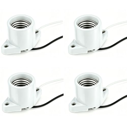 E26 Light Socket Porcelain Lamp Holder Medium Base Keyless Threaded Base with Two Hole Flange Mounting and 6" Wire for Indoor Garage Closet Lighting