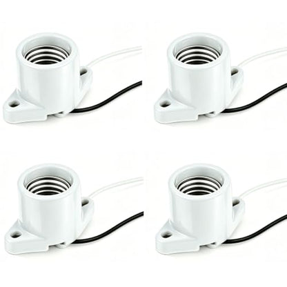 E26 Light Socket Porcelain Lamp Holder Medium Base Keyless Threaded Base with Two Hole Flange Mounting and 6" Wire for Indoor Garage Closet Lighting