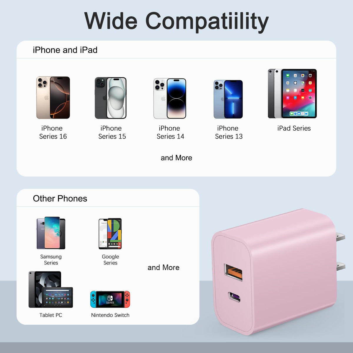 USB C Charger Block Fast Charging Block Type C Charger Multiport Adapter (Pink / 20W3Pack)
